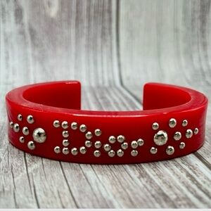 DIOR VTG 90s Lucite Studded Logo Cuff Bracelet Red Resin RARE Vintage Galliano